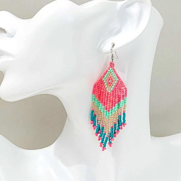Handmade Beaded Boho Dangle Earrings Tribal Native Pink - Picture 3 of 4